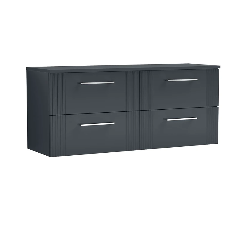 nuie DPF1493W2 Deco Modern Bathroom Wall Hung 4 Drawer Part Fluted Vanity Basin Unit with Double Worktop, Satin Anthracite