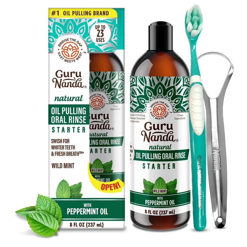 GuruNanda Whitening Pulling Oil with Coconut Oil & Peppermint Essential Oil for Natural Teeth Whitening, Fresh Breath, Alcohol Free Mouthwash, 237 ml