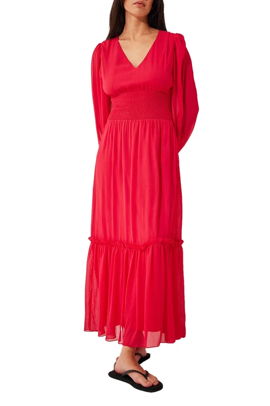 NA-KD Women's Smocked Detail Ankle Casual Dress, Magenta, 12 UK