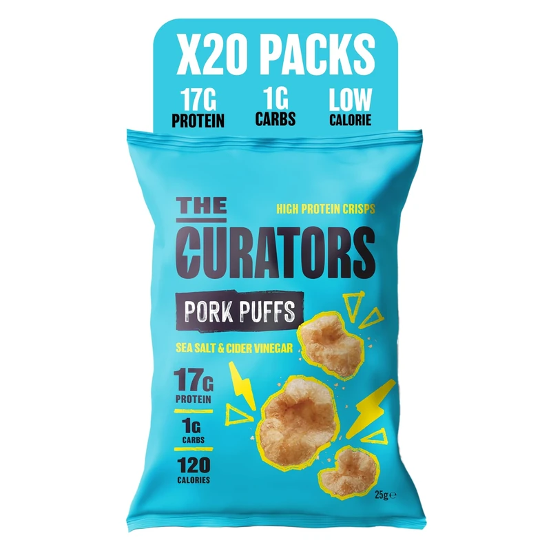 THE CURATORS High Protein Pork Puffs, Protein Crisp 25g (20 Packs) 17g Protein Low Carb Keto Gluten Free Savoury Snack (Salt & Vinegar)