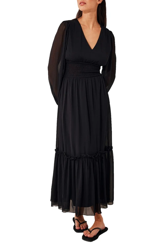 NA-KD Women's Smocked Detail Ankle Casual Dress, Black, 10 UK