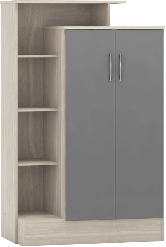 Seconique Nevada Petite Open Shelf Wardrobe in Grey Gloss/Light Oak Effect Veneer