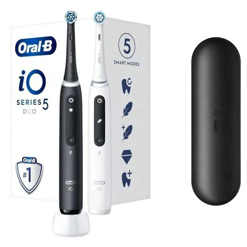 Oral-B iO Series 5 Electric Toothbrush, Set of 2 PCs, Connect to Oral-B Mobile App, with iO Magnetic Technology, 2 Tips, Travel Case, White and Black