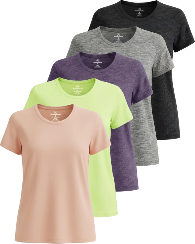 5 Pack: Women's Dry Fit Tech Stretch Short-Sleeve Crew Neck Athletic T-Shirt (Available in Plus Size), Set 11, X-Large