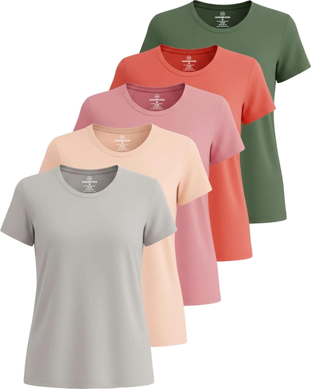 5 Pack: Women's Dry Fit Tech Stretch Short-Sleeve Crew Neck Athletic T-Shirt (Available in Plus Size), Set 12, Large