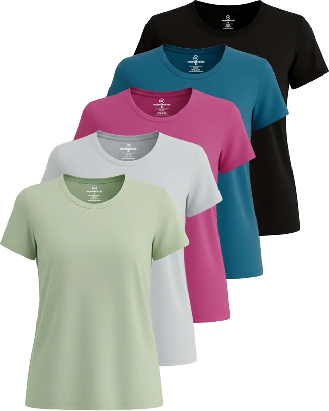 Real Essentials 5 Pack: Women's Dry Fit Tech Stretch Short-Sleeve Crew Neck Athletic T-Shirt (Available in Plus Size), Set 13, Medium