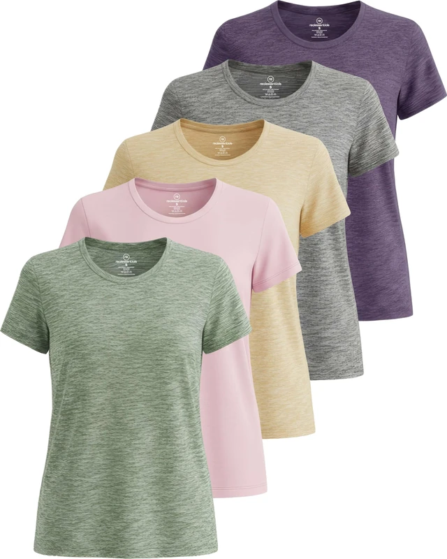 5 Pack: Women's Dry Fit Tech Stretch Short-Sleeve Crew Neck Athletic T-Shirt (Available in Plus Size), Set 14, Large