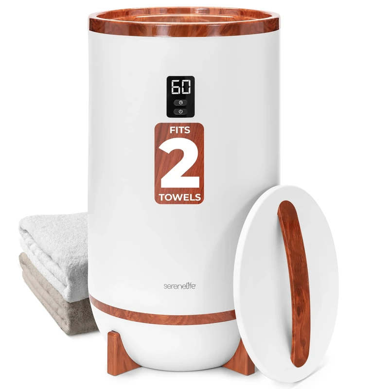 SereneLife Hot Towel Warmer Bucket w/ Customized Fragrance for Bathroom and Spa, Luxury Towel Heater Gift for Him or Her, Auto Shut Off, LED Display, Fits 2 Large Towels, Blankets, Bathrobes - Cherry