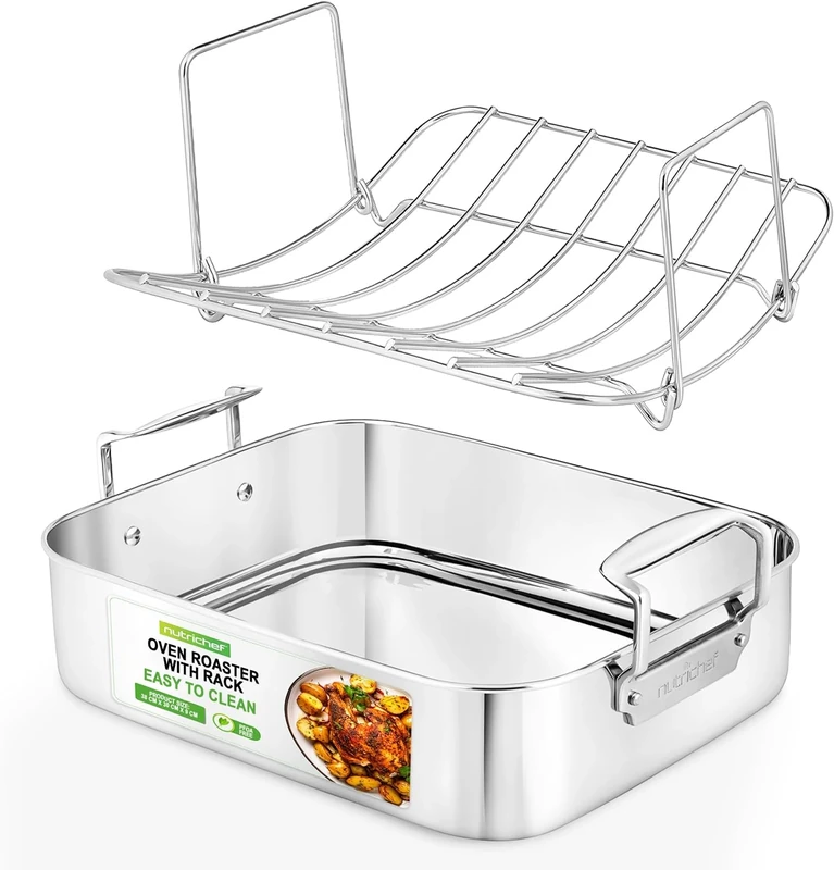 NutriChef Roasting Pan with Polished Rack, Wide Handle, and Stainless Steel Lid, Turkey Chicken Roasting Pan Great for Thanksgiving Dinners, Tender Roast, Deep Dishes, and More