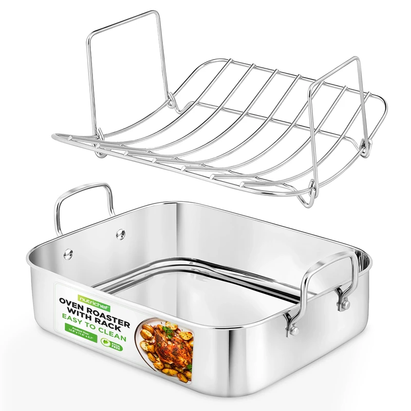 NutriChef Roasting Pan with Polished Rack, Wide Handle, and Stainless Steel Lid, Turkey Chicken Roasting Pan Great for Thanksgiving Dinners, Tender Roast, Deep Dishes, and More