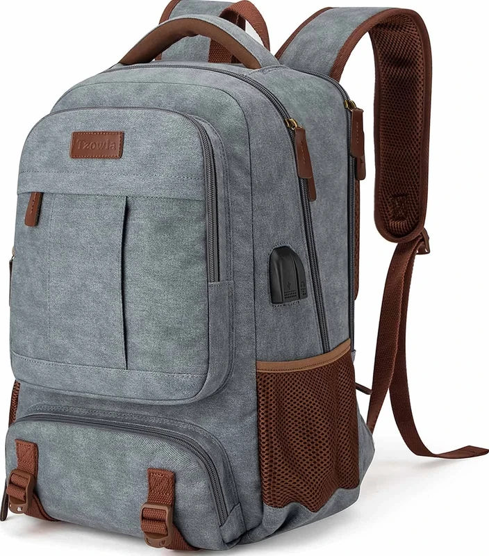 Tzowla Canvas Laptop Backpack Mens Womens,Vintage Travel Work Hiking Backpacks,School College Rucksack Fits 15.6 Inch Computer,Bookbag with USB Charging Port-Light Grey