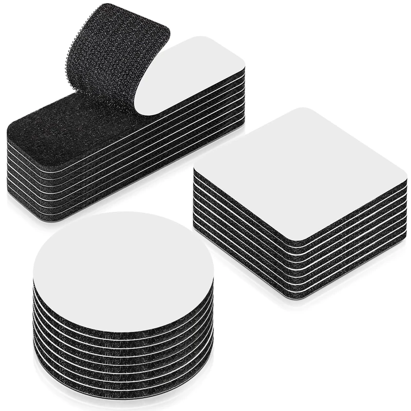 HOMMAND Double Sided Hook and Loop Pads, 24Pcs Self Adhesive Heavy Duty Sticky Pads, Hook and Loop Strip Tape, Extra Strong Fastening Tape for Room Décor, Home, Office, Rectangle/Squares/Round, Black