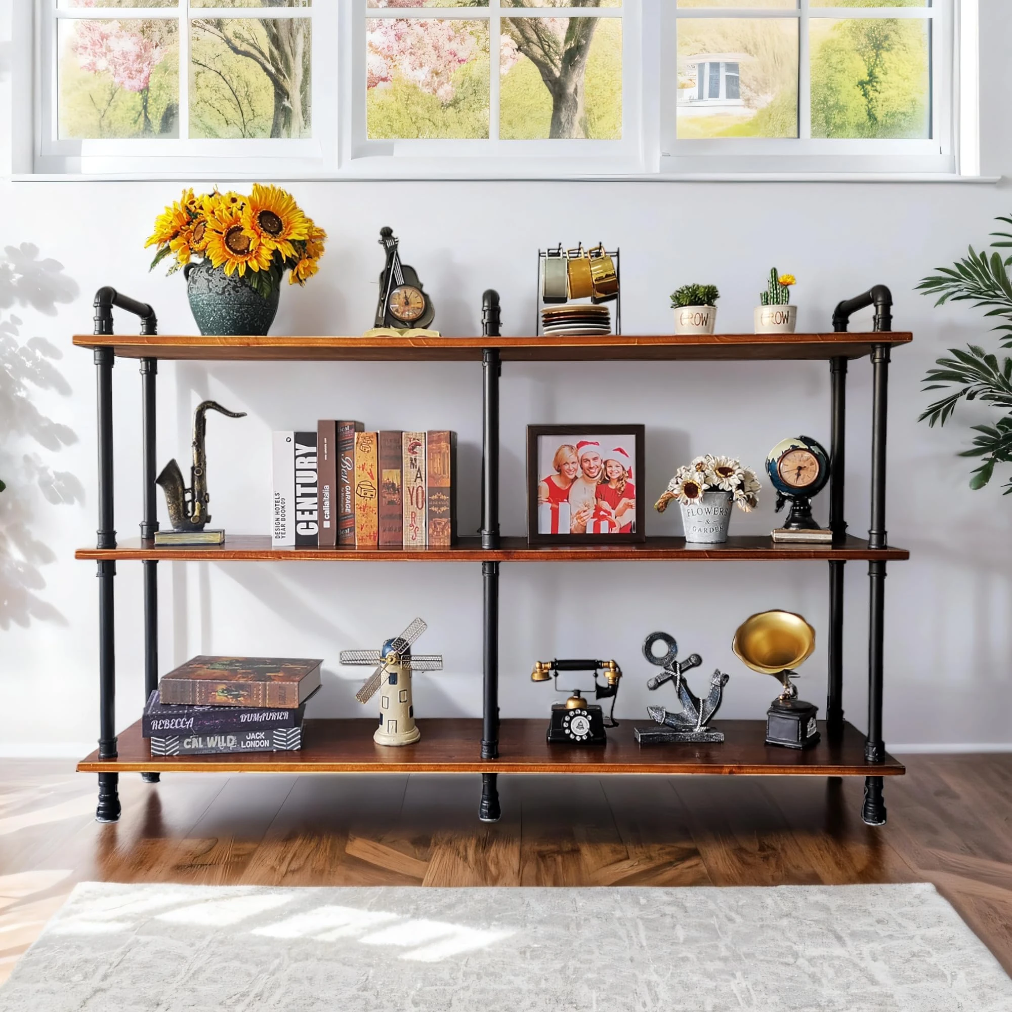 Anynice 3 Tier Long Industrial Bookshelf, 3 Realwood Industrial Pipe Bookshelf for Living Room, Entry, Office (Rustic Brown, 60" L x 11.8" W x 39" H)