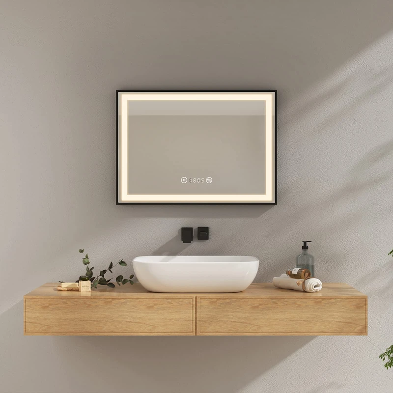 EMKE Bathroom Mirror with Lighting 70 x 50 cm, Black Edge LED Bathroom Mirror with Touch, Anti-Fog, Clock, Temperature, Dimmable, Neutral Lighting