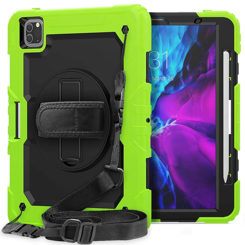 iPad 9.7" Case, 2017/2018 Shockproof Case with Screen Protector, 360 Degree Rotatable Stand/Shoulder Strap, Pen Holder, Green