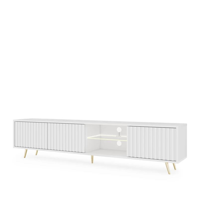 SELSEY Bello Wooden TV Cabinet in White 175 x 43 x 31 cm, Elegant Slatted MDF Fronts & Gold Metal Legs, Fits TVs Up to 75 Inch, 3 Spacious Compartments & Glass Shelf with LED, for Modern Living Rooms