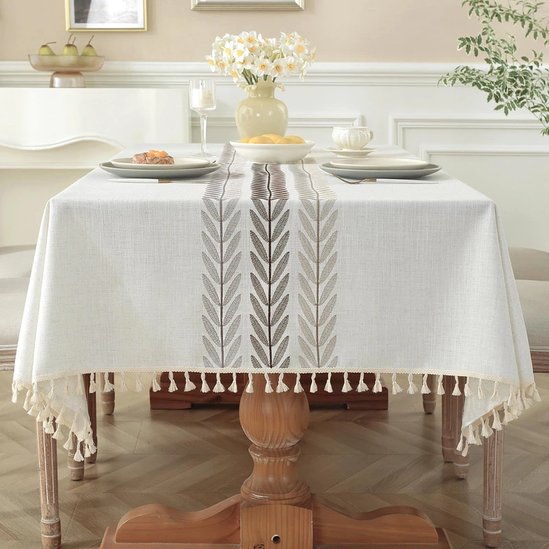 Laolitou Cotton Linen Waterproof Tablecloth for Dining Table Farmhouse Kitchen Rectangle Table Cloth Coffee Wrinkle Free Table Cover, Beige, Wine Leaf, 55x86 Inch