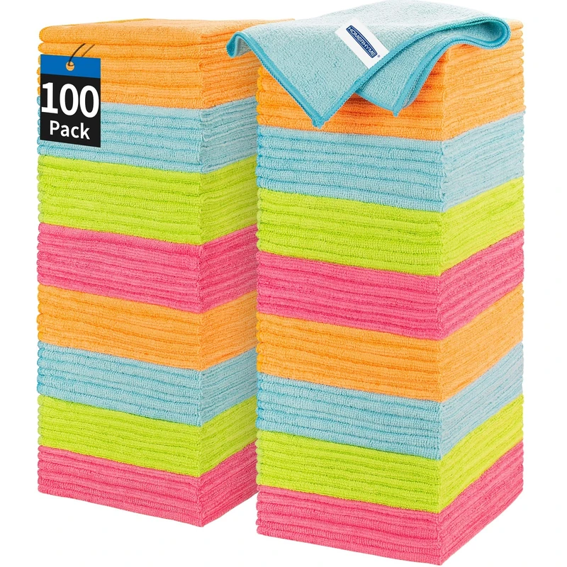 HOMERHYME Microfiber Cleaning Cloth, 100 Pack Cleaning Towels, 12.6" x 12.6" Dish Cloths, Lint Free Non-Abrasive Dusting Cloth, Washable Reusable All Purpose Washcloth for Kitchen Car House Office