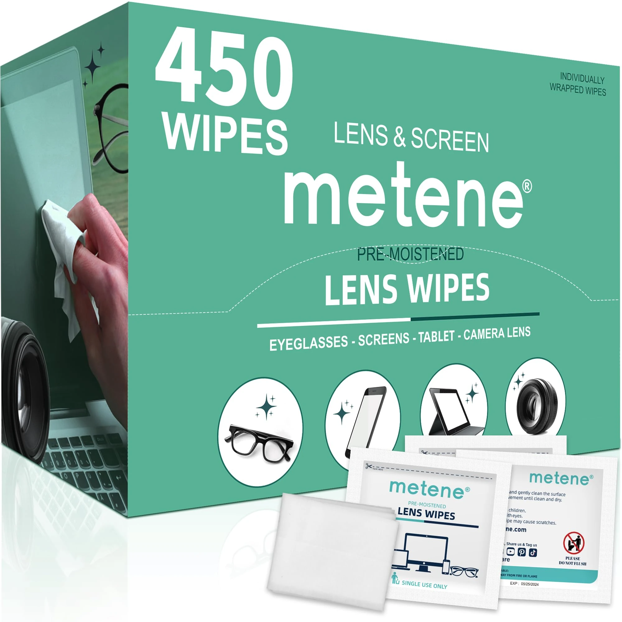 Metene 450 Pack Lens Cleaning Wipes, Pre-Moistened and Individually Wrapped Eyeglass Wipes, Glasses Cleaner for Eyeglasses, Camera Lens, Tablets, Phone, Computer Screen and Other Delicate Surfaces