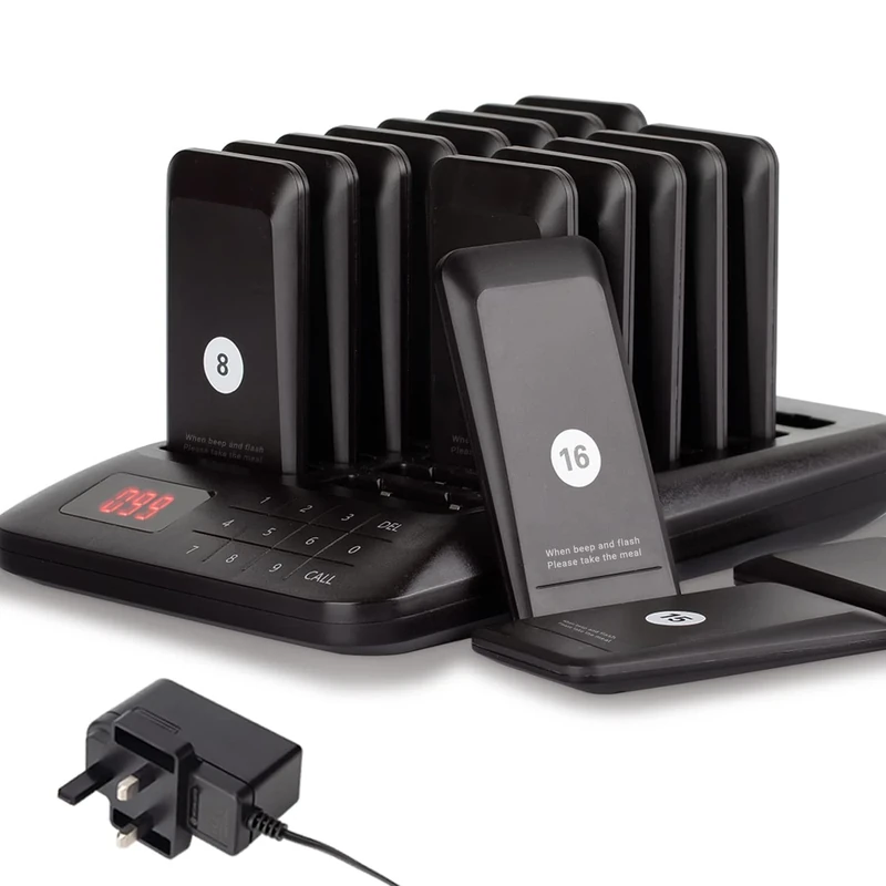 Tera Restaurant, Wireless Long Range Paging System, Support Buzzer Vibration, Touch Screen 1 Calling Keypad +16 Coaster Pagers for Cafe School Nurse Food Truck, P1-R16