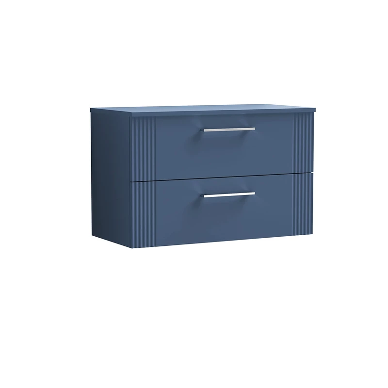 nuie DPF395W Deco Modern Bathroom Wall Hung 2 Drawer Part Fluted Vanity Basin Unit with Worktop, Satin Blue