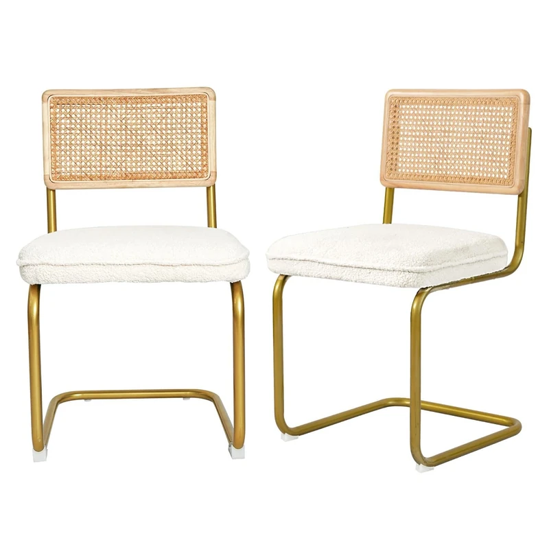 CangLong Fleece Dining Chairs Set of 2 Mid-Century Modern Kitchen Side Chair, Armless Accent Chairs with Natural Rattan Backest & Golden Metal Legs for Dining, Living Room & Study, Gream