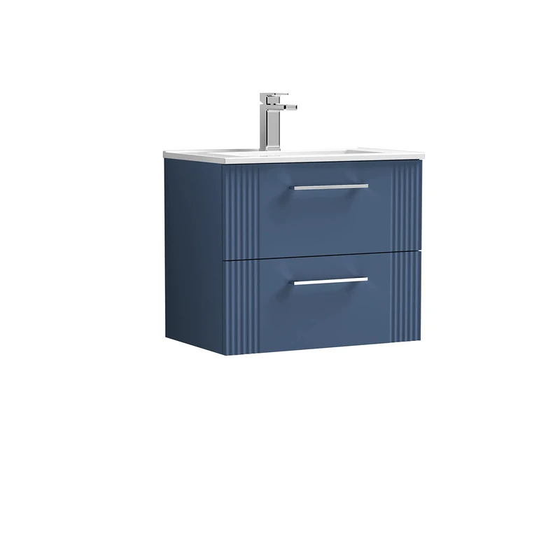 nuie DPF393B Deco Modern Bathroom Wall Hung 2 Drawer Part Fluted Vanity Unit with Minimalist Ceramic Basin, Satin Blue