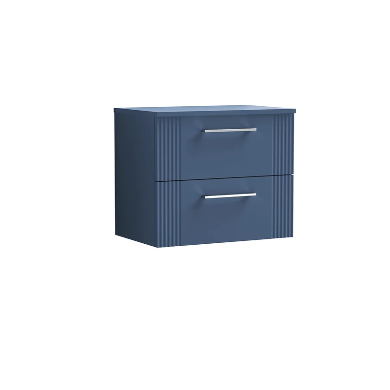 nuie DPF393W Deco Modern Bathroom Wall Hung 2 Drawer Part Fluted Vanity Basin Unit with Worktop, Satin Blue