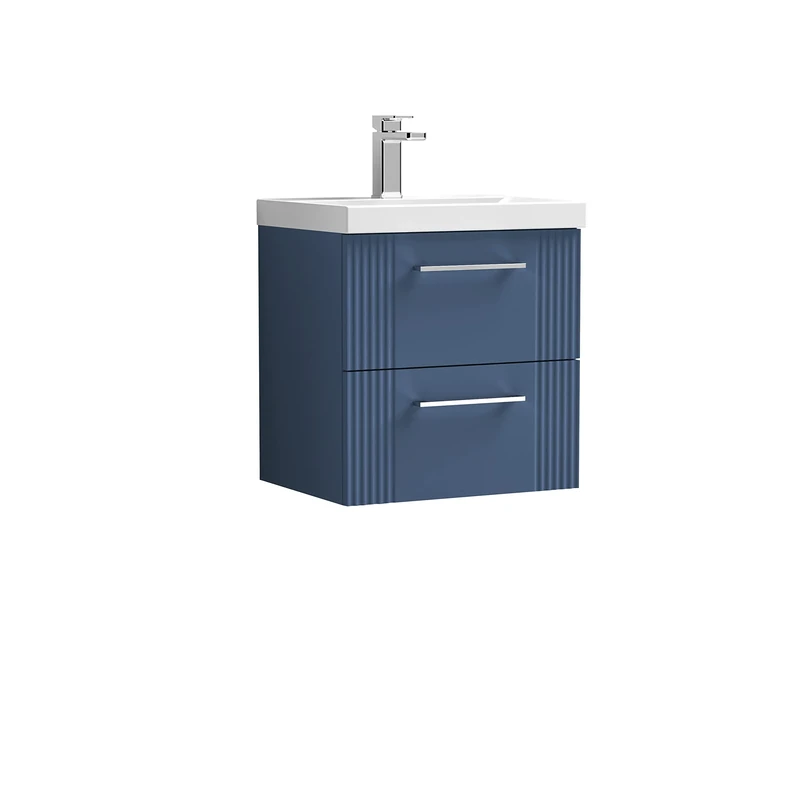 nuie DPF392A Deco Modern Bathroom Wall Hung 2 Drawer Part Fluted Vanity Unit with Mid-Edge Ceramic Basin, Satin Blue