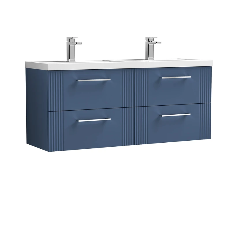 nuie DPF393C Deco Modern Bathroom Wall Hung 4 Drawer Part Fluted Vanity Unit with Twin Polymarble Basin, Satin Blue