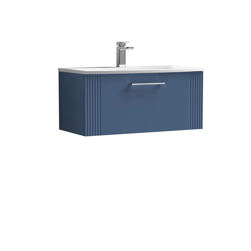 nuie DPF396G Deco Modern Bathroom Wall Hung 1 Drawer Part Fluted Vanity Unit with Curved Ceramic Basin, Satin Blue