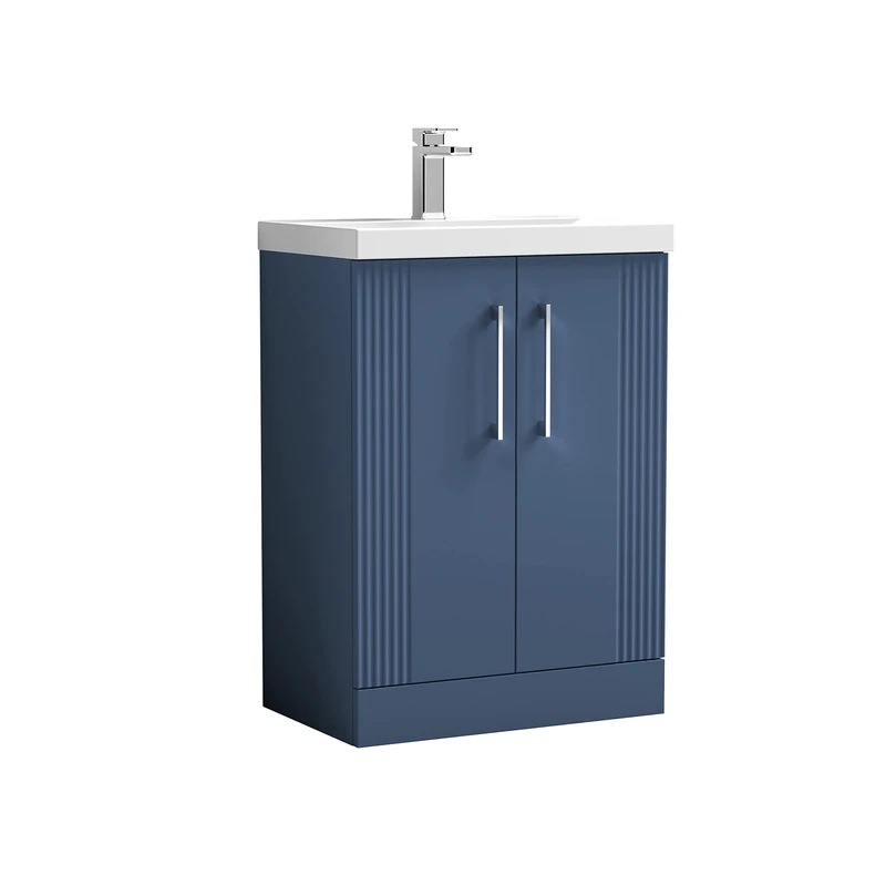 nuie DPF325A Deco Modern Bathroom Floor Standing 2 Door Part Fluted Vanity Basin Unit with Mid-Edge Ceramic Basin, 600mm, Satin Blue