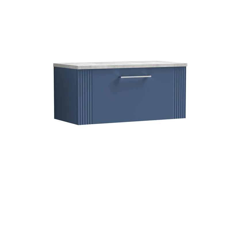 nuie DPF396LBG Deco Modern Bathroom Wall Hung 1 Drawer Part Fluted Vanity Basin Unit with Laminate Bellato Grey Worktop, 800mm, Satin Blue