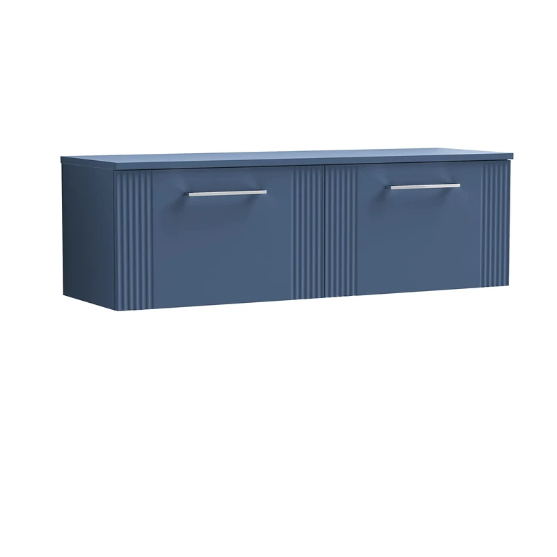 nuie DPF394W2 Deco Modern Bathroom Wall Hung 2 Drawer Part Fluted Vanity Basin Unit with Double Worktop, 1200mm, Satin Blue