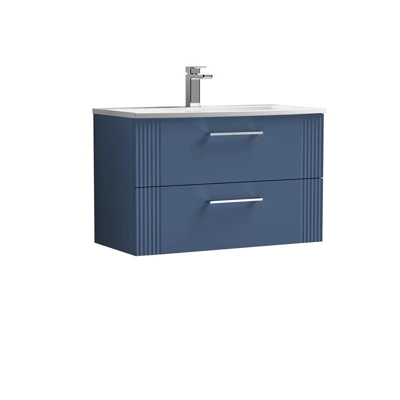 nuie DPF395G Deco Modern Bathroom Wall Hung 2 Drawer Part Fluted Vanity Unit with Curved Ceramic Basin, Satin Blue