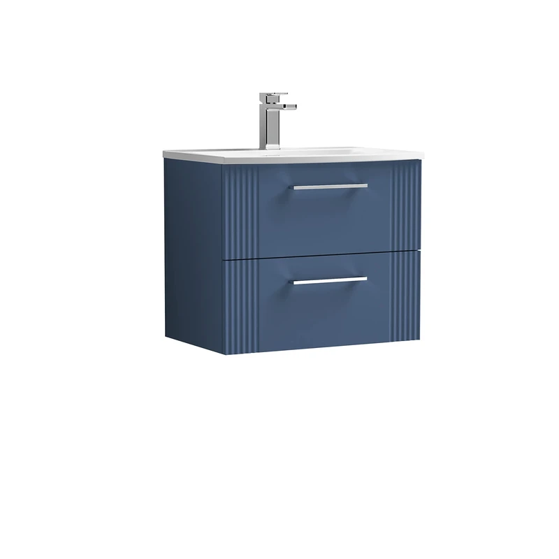 nuie DPF393G Deco Modern Bathroom Wall Hung 2 Drawer Part Fluted Vanity Unit with Curved Ceramic Basin, Satin Blue