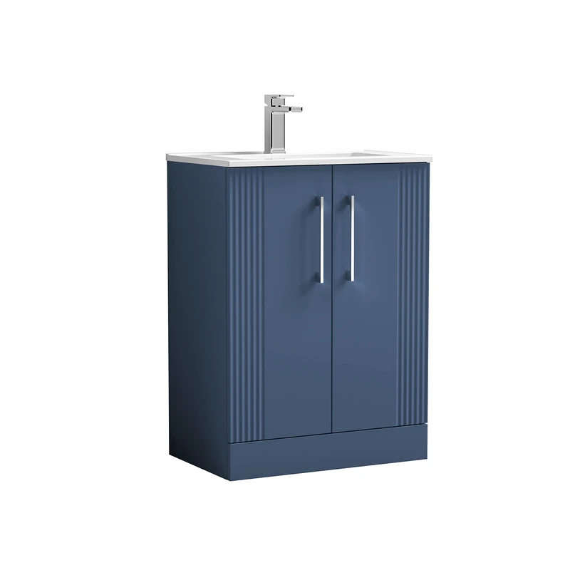 nuie Modern Bathroom Floor Standing 2 Door Part Fluted Vanity Unit with Minimalist Ceramic Basin, Satin Blue, 600mm