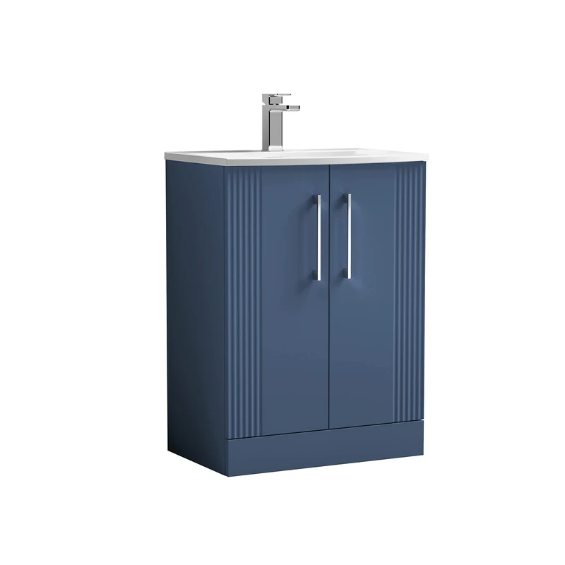 nuie DPF325G Deco Modern Bathroom Floor Standing 2 Door Part Fluted Vanity Unit with Curved Ceramic Basin, Satin Blue