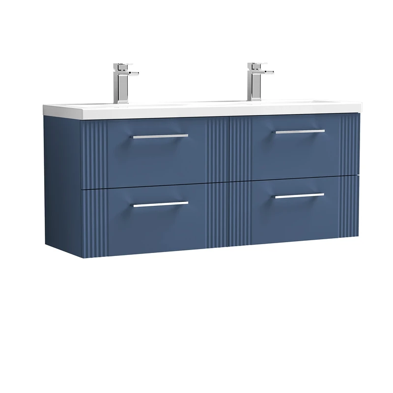 nuie DPF393F Deco Modern Bathroom Wall Hung 4 Drawer Part Fluted Vanity Basin Unit with Twin Ceramic Basin, 1200mm, Satin Blue
