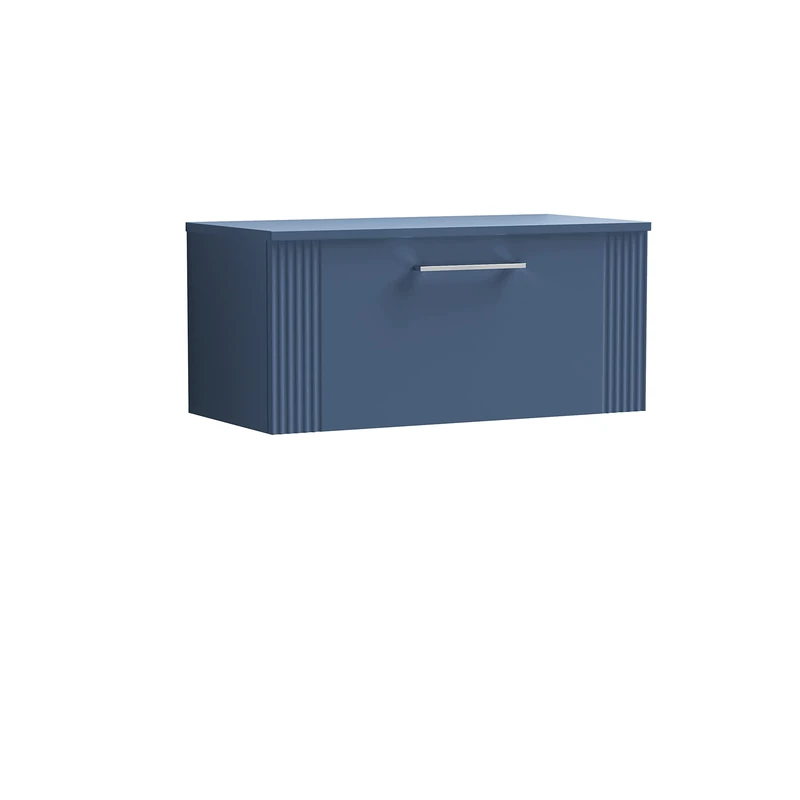nuie Modern Bathroom Wall Hung 1 Drawer Part Fluted Vanity Basin Unit with Worktop, Satin Blue, 800mm
