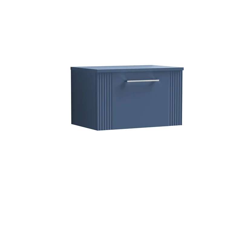 nuie DPF394W Deco Modern Bathroom Wall Hung 1 Drawer Part Fluted Vanity Basin Unit with Worktop, Satin Blue