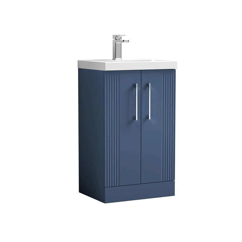 nuie DPF323A Deco Modern Bathroom Floor Standing 2 Door Part Fluted Vanity Basin Unit with Mid-Edge Ceramic Basin, 500mm, Satin Blue