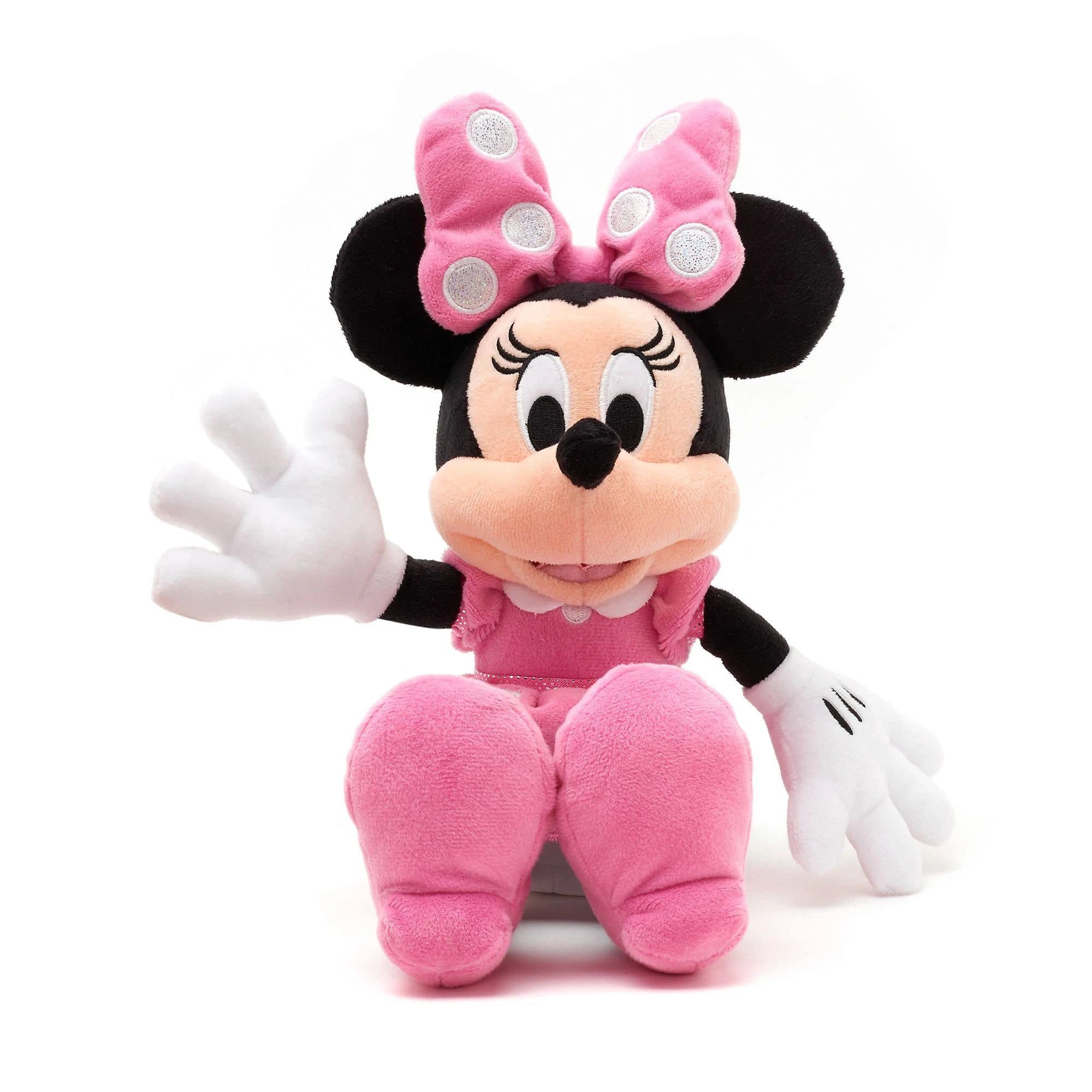 Disney Store Official Minnie Mouse Small Pink Soft Toy, 33cm/12”, Iconic Cuddly Toy Character in Pink Polka Dot Dress and Bow with Embroidered Features, Suitable for All Ages
