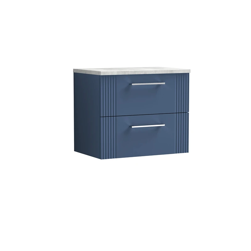 nuie Modern Bathroom Wall Hung 2 Drawer Part Fluted Vanity Basin Unit with Laminate Bellato Grey Worktop, Satin Blue, 600mm