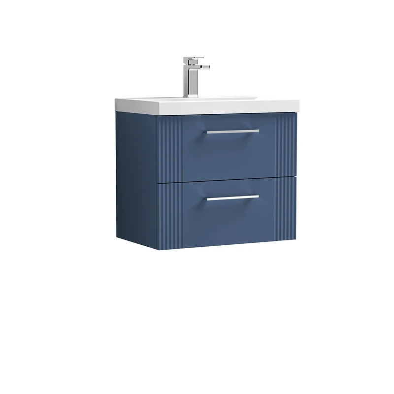nuie DPF393A Deco Modern Bathroom Wall Hung 2 Drawer Part Fluted Vanity Unit with Mid-Edge Ceramic Basin, Satin Blue
