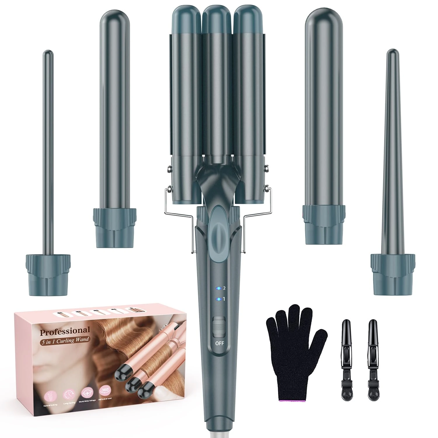 Curling Iron Set 5 in 1 - Curling Iron 3 Barrels for Large Curls Ceramic Curlers with Different Accessories Temperature Adjustment