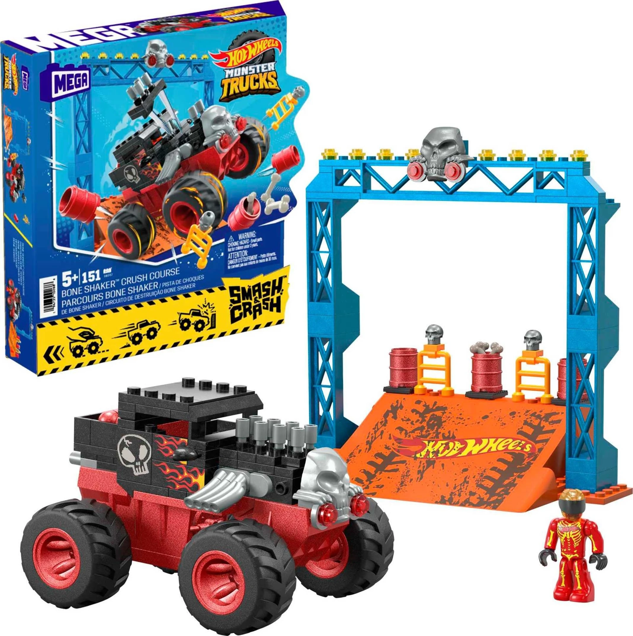 MEGA Hot Wheels Monster Trucks Building Toy, Smash & Crash Bone Shaker Crush Course with 151 Pieces, 1 Figure and 1 Ramp, Red, Kids Age 5+ Years, HKF87