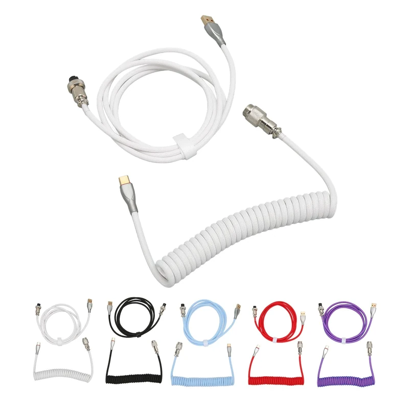GOWENIC Mechanical Keyboard Aerial Connection Cable for Gaming Keyboards, Custom Coiled USB C Cable, Dual Sleeve Mechanical Keyboard Cable with Removable Metal Pilot USB C to USB A(White)