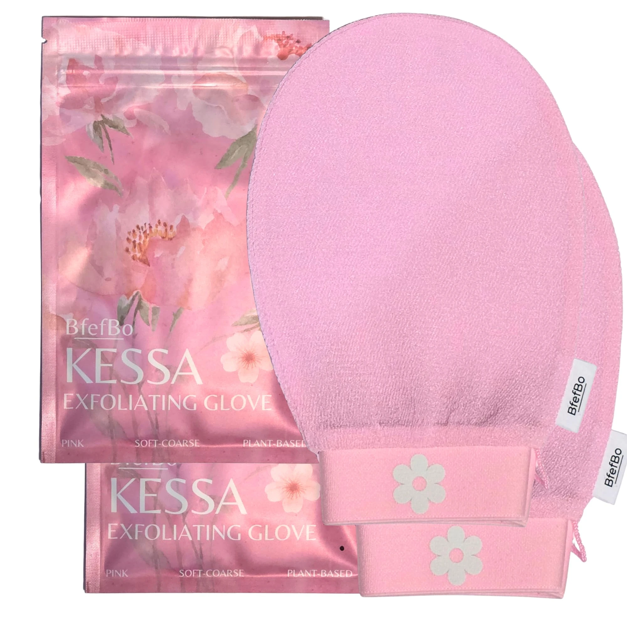 BfefBo Body Exfoliating Glove, KESSA Pink, 2 PACK, Bath & Shower Mitt, Body scrub, Exfoliator, Plant based, Targets keratosis pilaris (Pink)