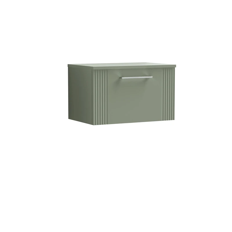 nuie DPF894W Deco Modern Bathroom Wall Hung 1 Drawer Part Fluted Vanity Basin Unit with Worktop, Satin Green